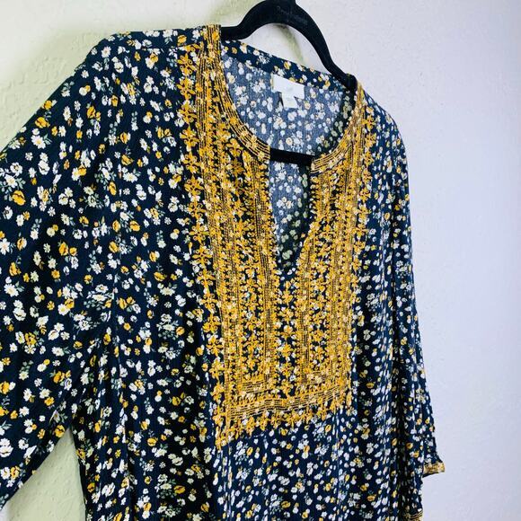 J. JILL Dress Tunic Knee Length Floral VNeck Gold Embroidered Detail Tunic Boho - Picture 7 of 14